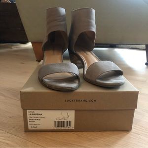 2” stacked heel, gently worn, mushroom-taupe color, leather